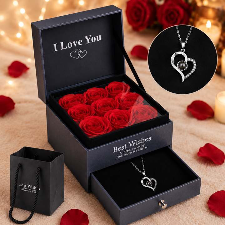 Coffret Roses Éternelles & Collier Cœur