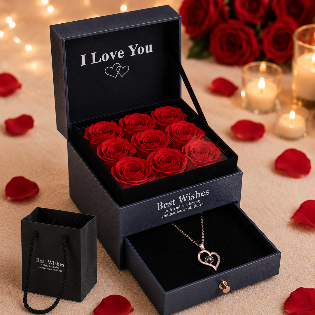 Coffret Roses Éternelles & Collier Cœur